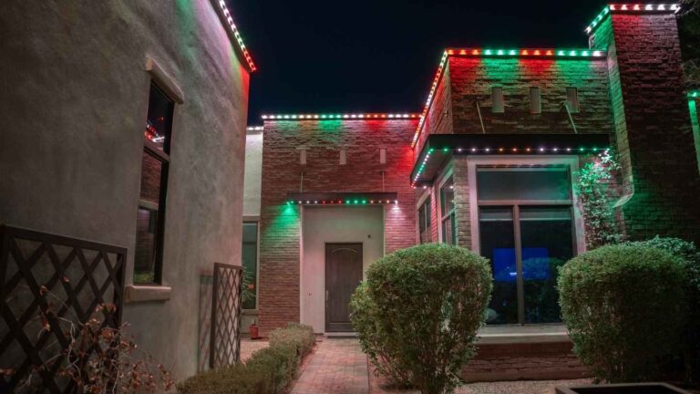 Modern home with permanent Christmas lights glowing year-round