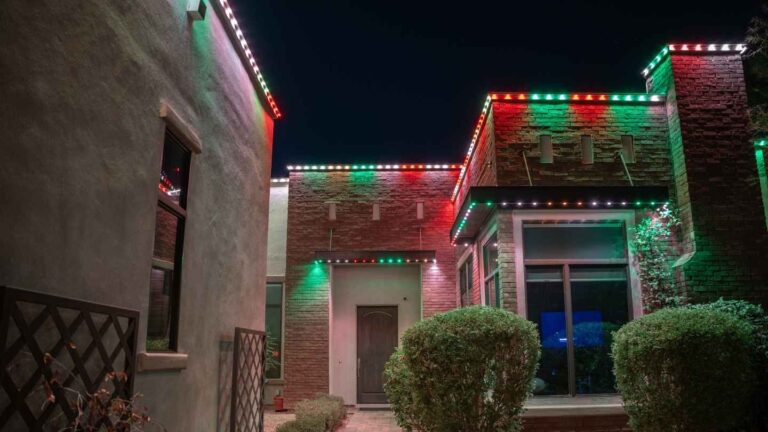 Permanent Christmas lights installed under eaves for year-round curb appeal