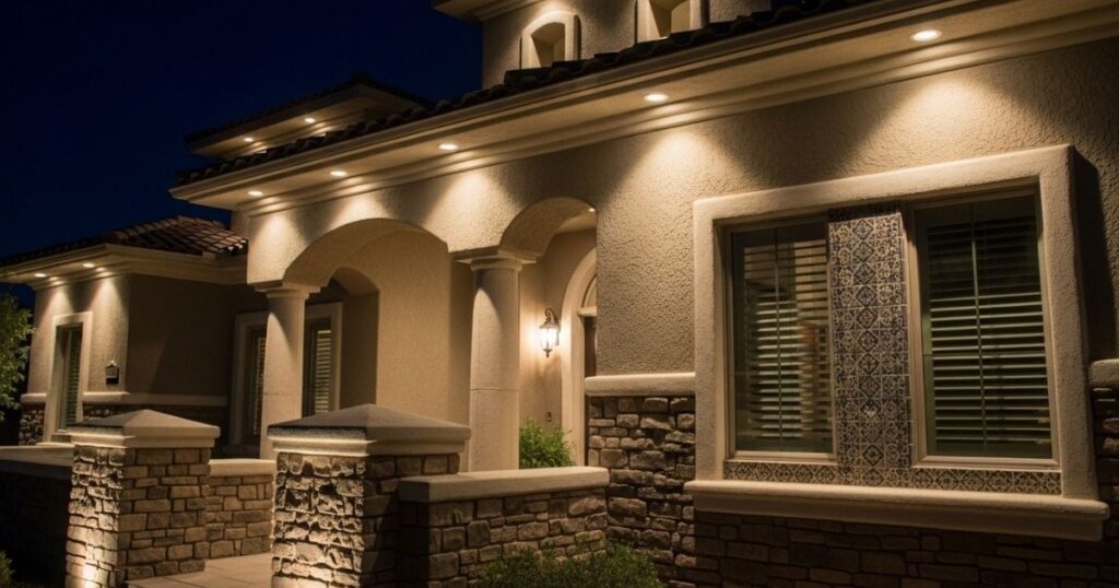 Façade lighting highlighting stone columns and architectural details on a well-lit Arizona home at night.